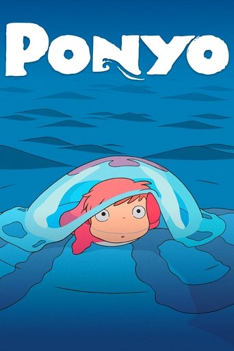 The poster features a young boy with a red hat and blue shirt swimming underwater, surrounded by gentle waves. The title "Ponyo" is prominently displayed in bold white letters at the top. The overall mood is playful and adventurous, capturing the essence of a magical underwater adventure.