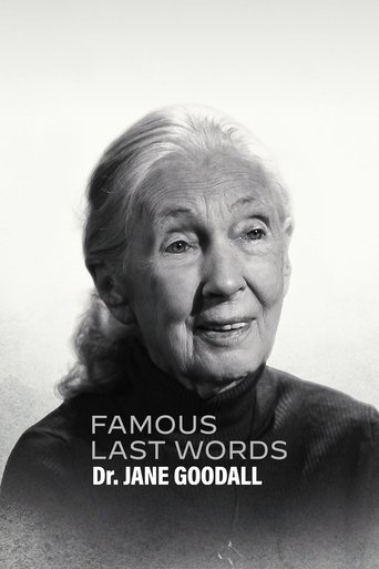 The poster features a black-and-white portrait of Dr. Jane Goodall, exuding wisdom and grace. The muted tones of the image evoke a sense of timeless elegance and historical significance, while the bold white text draws attention to the title and her name.