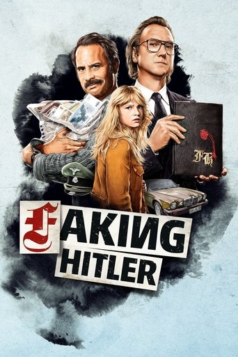 The poster features a dramatic scene with three characters: a man in a suit holding a newspaper, a woman in a brown jacket, and a man in glasses holding a book. The colors are muted with dark tones and a hint of blue, creating a somber mood. The title "AKING HITLER" is prominently displayed in bo...