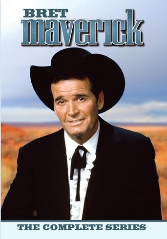 The poster features a man in a cowboy hat and suit against a warm, sunset-hued desert background. The title "Bret Maverick" is prominently displayed at the top in bold, metallic lettering. The overall mood is rugged and adventurous, evoking a classic western theme.