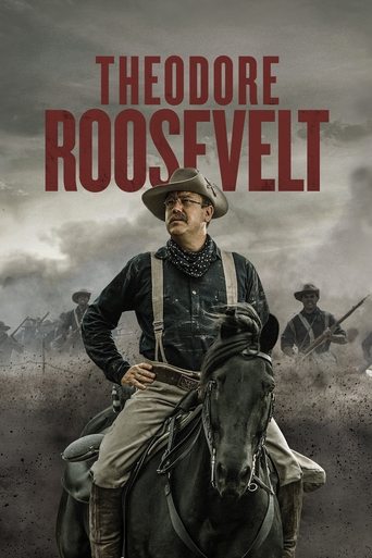 The poster features a rugged Theodore Roosevelt riding a horse against a stormy sky, evoking a sense of adventure and historical drama. The muted earth tones and dramatic lighting enhance the serious, adventurous tone of the show.