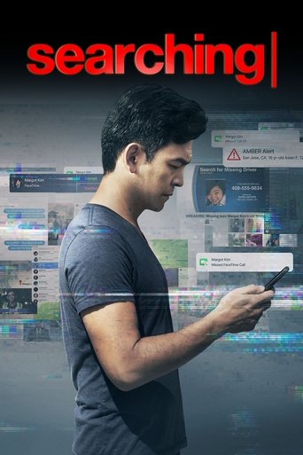 The poster features a man in a dark t-shirt holding a smartphone, surrounded by floating digital screens and data streams. The title "Searching" is prominently displayed in bold red letters at the top. The overall mood is mysterious and futuristic, suggesting a sci-fi or thriller genre.