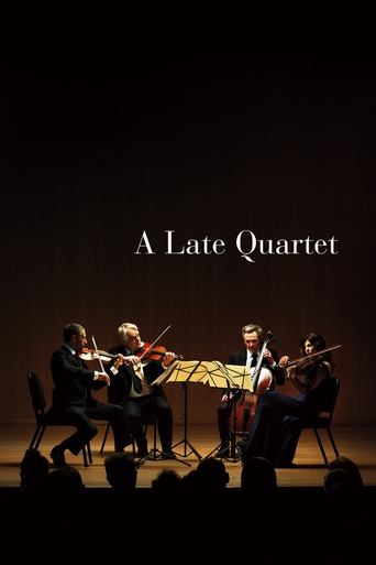 The poster features a dimly lit stage with four musicians playing violin and cello, creating an intimate and mysterious atmosphere. The warm lighting highlights their focused expressions, while the dark background adds depth and intrigue. The title "A Late Quartet" is elegantly placed at the top,...