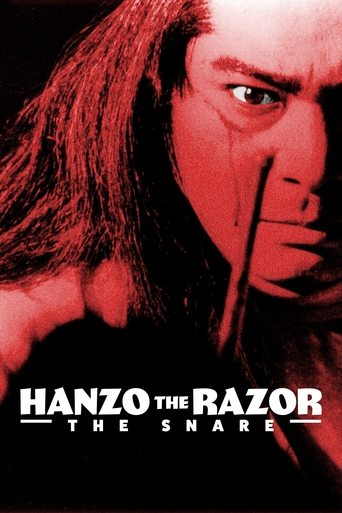 The poster features a close-up of a man with long hair, his intense gaze directed forward against a stark red background. The bold white text "HANZO THE RAZOR" and "THE SNARE" dominate the lower portion, evoking a sense of danger and suspense.