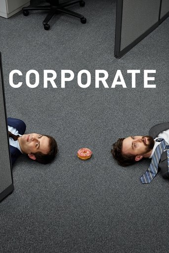 The poster features two men lying on a gray carpet, their heads tilted back in exhaustion. A small orange donut sits between them, symbolizing the mundane yet relatable nature of corporate life. The bold white text "CORPORATE" dominates the center, emphasizing the theme of relentless work.