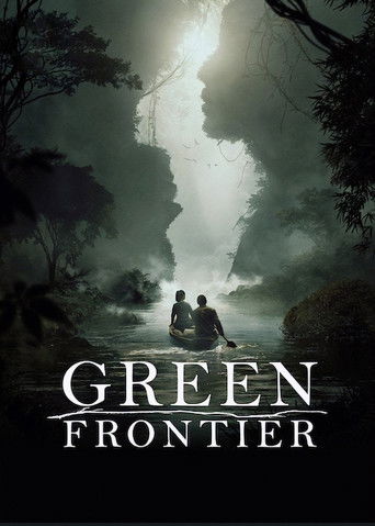 The poster depicts two figures sitting on a rocky outcrop in a misty, dark forest. The scene is dominated by cool, muted tones of gray and green, creating an eerie and mysterious atmosphere. The title "Green Frontier" is prominently displayed at the bottom, suggesting a connection to nature's hid...