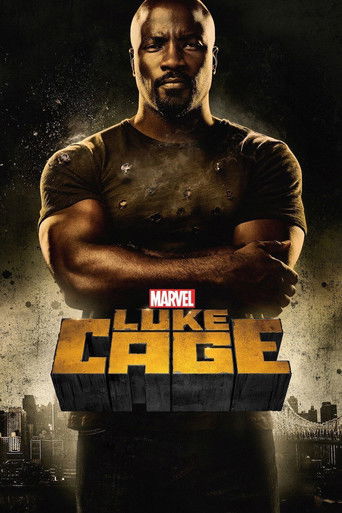 The poster features a muscular man with arms crossed, exuding strength against a gritty, dark background. The title "LUKE CAGE" is prominently displayed in bold, metallic lettering, emphasizing the character's resilience. The overall mood is intense and heroic, capturing the essence of a superher...