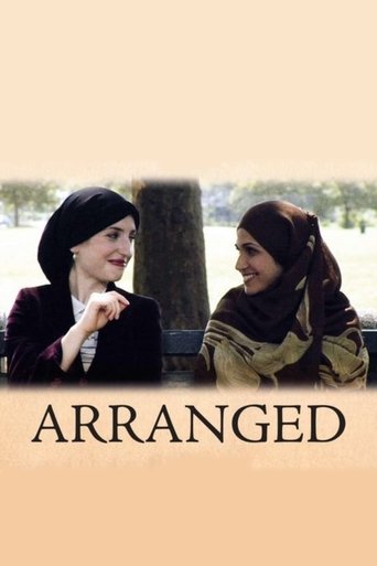 The poster features two women in traditional hijabs, one in black and the other in beige, sitting on a bench outdoors. The warm, muted tones of the background suggest a quiet, contemplative atmosphere. The title "ARRANGED" is prominently displayed at the bottom, hinting at themes of destiny and f...
