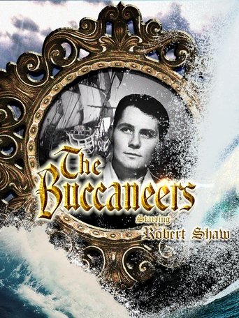 The poster features a dramatic portrait of a man in a stormy sea, framed by ornate golden borders. The title "The Buccaneers" is elegantly written in gold lettering, evoking a sense of adventure and mystery. The overall mood is one of epic storytelling, blending historical drama with the raw powe...