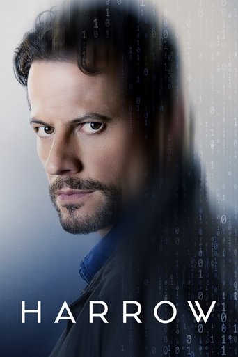 The poster features a close-up of a man with a serious expression, his face partially obscured by digital rain effects. The cool blue tones and faint code create a mysterious, tech-savvy atmosphere, suggesting a blend of modernity and intrigue.