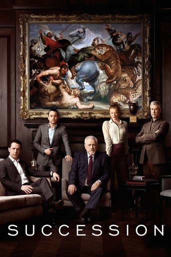 The poster features six men in formal suits against a backdrop of a grand, ornate painting depicting a dramatic battle scene. The muted, earthy tones of the room contrast with the rich, golden hues of the artwork, creating a somber yet powerful atmosphere. The title "Succession" is prominently di...