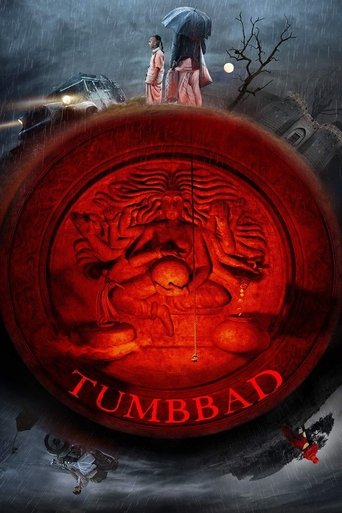 A dark, ominous poster featuring a red circular emblem with a menacing figure and the word "TUMBBAD" at the bottom. Two figures stand above, one holding a large umbrella, suggesting a mysterious or supernatural theme. The overall mood is eerie and foreboding, with muted tones and a sense of impen...
