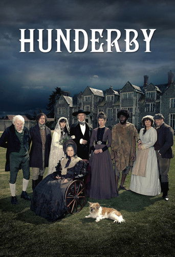 The poster features a group of elegantly dressed characters in period clothing, standing on a grassy field with a dog resting nearby. The muted, moody sky suggests a somber or melancholic atmosphere, while the warm tones of their clothing contrast with the cool, dark background.