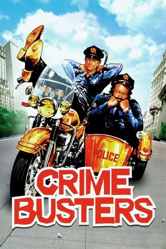 The poster features a group of four police officers riding motorcycles through a sunny city street, with one officer in the foreground holding a microphone. The vibrant orange and yellow motorcycle branding, along with the bold red title "CRIME BUSTERS," create a dynamic and energetic atmosphere....