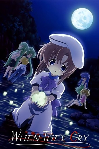 The poster features a young girl in a white sailor hat and purple outfit holding a glowing orb against a dark, moonlit night. Surrounding her are three mysterious, translucent figures with glowing eyes, creating an eerie, magical atmosphere. The title "When They Cry" is prominently displayed at t...