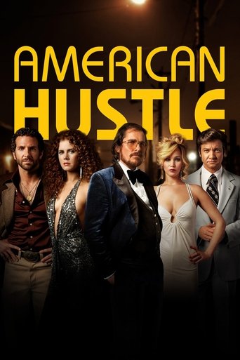 The poster features a group of six characters in formal attire against a dark, moody background. The title "AMERICAN HUSTLE" is prominently displayed in bold yellow letters. The overall mood suggests a dramatic, high-stakes thriller with a sense of urgency and intrigue.