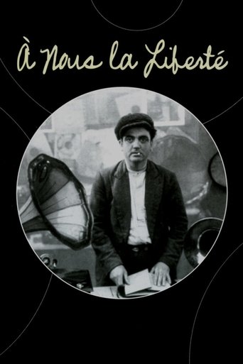 The poster features a black-and-white portrait of a man in a hat, exuding a sense of mystery and intrigue. The title "À Nous la Liberté" is elegantly written in cursive at the top, suggesting themes of freedom and liberation. The overall design evokes a classic film noir aesthetic, with a moody a...