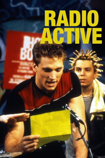 The poster features two men in a tense, dramatic scene. One man holds a yellow box, while the other looks on with a concerned expression. The background is dark with a red sign partially visible. The title "Radio Active" is prominently displayed in bold yellow letters at the top. The mood suggest...