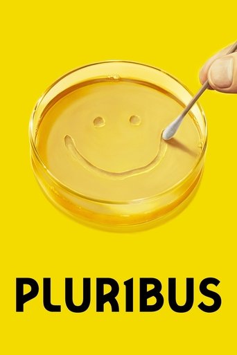 The poster features a cheerful yellow background with a smiling face drawn on a petri dish, symbolizing happiness and positivity. A hand holding a spoon gently touches the dish, suggesting care and attention. Bold black text at the bottom reads "PLURIBUS," emphasizing the show's name. The overall...