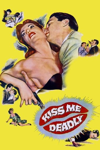 This vibrant yellow poster features a passionate couple embracing, with a man kissing a woman passionately. The title "Kiss Me Deadly" is prominently displayed in bold red and white text. The overall mood is intense and dramatic, capturing the essence of the film's themes of passion and danger.
