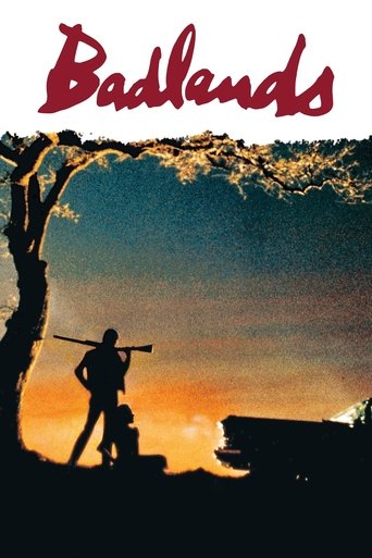 The poster features a lone silhouette of a person against a dramatic sunset, with the title "Badlands" in bold red letters at the top. The scene evokes a sense of solitude and adventure, capturing the raw beauty of the American Southwest.