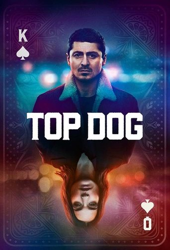 This TV show poster features a man with a serious expression against a vibrant, dreamy background. The title "TOP DOG" is prominently displayed in bold white letters. The image evokes a mysterious and intense mood, with deep purples and blues dominating the scene. A heart symbol in the bottom rig...