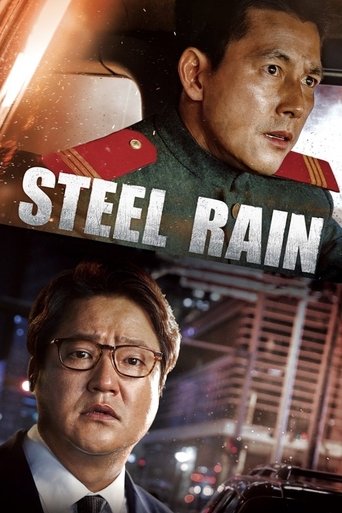 The poster features two men in military uniforms against a dark, moody background. The title "STEEL RAIN" is prominently displayed in bold white letters. The overall mood is tense and dramatic, with a sense of urgency and conflict.