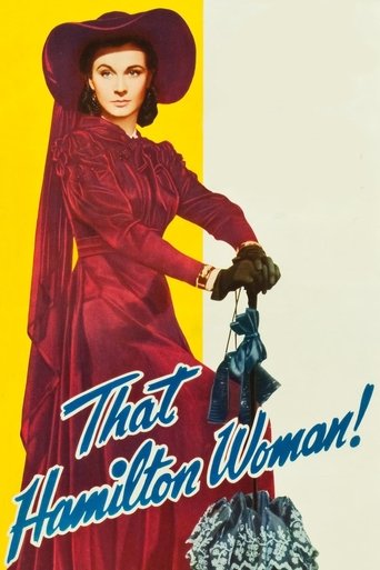 The poster features a glamorous woman in a red dress and wide-brimmed hat against a vibrant yellow background, exuding elegance and confidence. The bold blue text "That Hamilton Woman!" adds a playful yet intriguing tone, suggesting a romantic comedy with a touch of humor.