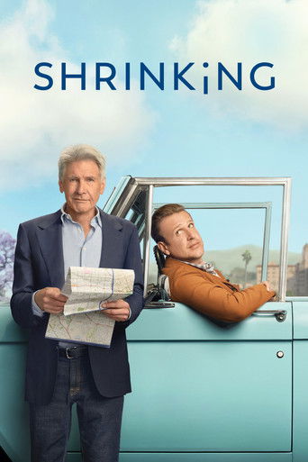The poster features a man holding a newspaper and a man leaning out of a car window, both smiling against a bright blue sky. The teal car and light blue background create a cheerful, relaxed mood, suggesting humor and camaraderie.