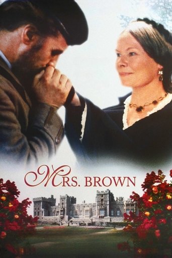 This movie poster features a man in a hat and a woman in period clothing, exuding romance and drama. The warm colors of red flowers and the soft lighting create a romantic atmosphere. The title "Mrs. Brown" is elegantly displayed in the center.