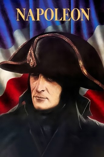 This poster features a stern-faced man in a black coat and wide-brimmed hat, set against a backdrop of blue and red fabric. The dramatic lighting casts shadows, creating a mysterious and imposing mood. The title "NAPOLEON" is prominently displayed at the top, emphasizing the historical significan...