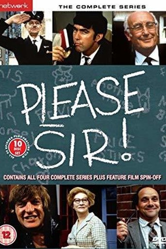 The poster features four men in formal attire against a dark, textured background. The title "Please Sir!" is prominently displayed in bold, white letters. The overall mood is serious and dramatic, suggesting a dramatic television series.