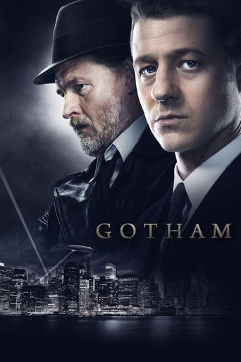 The poster features two men in dark suits against a moody, dimly lit Gotham cityscape. The cool blue tones and shadowy atmosphere evoke a sense of mystery and tension, hinting at the gritty, urban setting of the show.