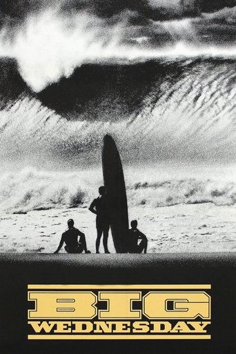 This black-and-white poster captures the essence of "Big Wednesday" with silhouetted figures against a dramatic ocean backdrop. The gritty, moody atmosphere evokes a sense of adventure and camaraderie, while the bold title at the bottom hints at the film's comedic and action-packed storyline.