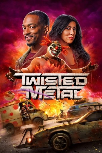 This poster features a dramatic scene with a man and woman in fiery red tones, set against a backdrop of burning cars and explosions. The title "Twisted Metal" is prominently displayed in bold, metallic lettering, conveying a sense of action and danger.