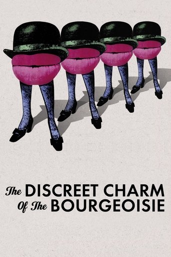 The poster features a row of six men in black suits, each wearing a black top hat and pink bow ties. The men are depicted with long, slender legs and black shoes, creating a surreal and slightly unsettling atmosphere. The title, "The Discreet Charm of the Bourgeoisie," is prominently displayed in...