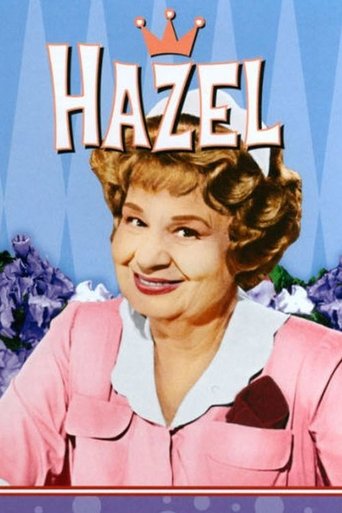 The poster features a cheerful woman with curly hair and a crown, wearing a pink outfit against a blue background. The word "Hazel" is prominently displayed in bold letters, evoking a playful and whimsical mood.