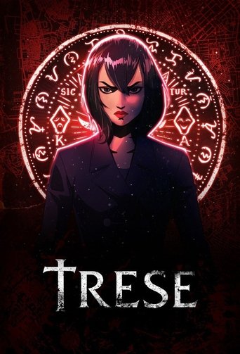 The poster features a mysterious woman with dark hair and a serious expression, framed by a glowing, mystical circular emblem. The deep red and black color scheme creates an ominous and dramatic atmosphere, evoking themes of mystery, danger, and ancient magic.