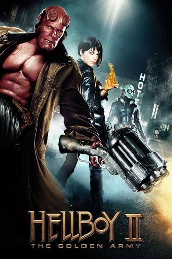 A muscular Hellboy with red skin and a cape stands prominently in the foreground, holding a large gun. Behind him, a young boy and a mysterious figure in a golden suit add depth to the scene. The dark, moody atmosphere with dramatic lighting and glowing effects creates an intense and mysterious m...
