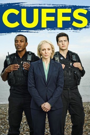 The poster features three characters in tactical gear against a backdrop of a beach, with the title "CUFFS" prominently displayed in bold yellow letters. The mood is serious and intense, suggesting a crime drama or thriller.