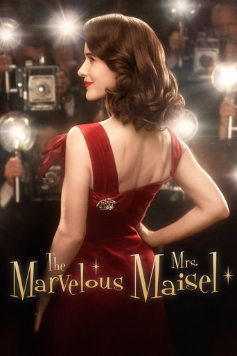 The poster features a glamorous woman in a red dress against a backdrop of vintage cameras and stage lights, evoking a glamorous 1950s aesthetic. The warm tones and dramatic lighting create an exciting and nostalgic mood, hinting at the show's blend of romance and comedy.
