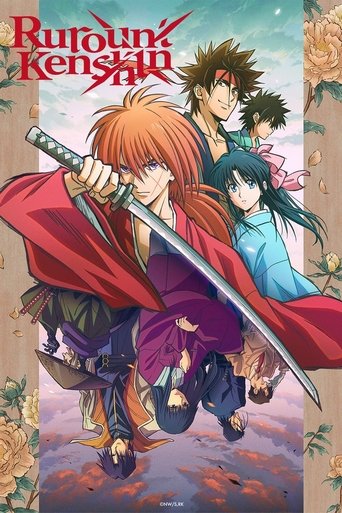 This vibrant TV poster for "Rurouni Kenshin" captures the essence of the classic anime. The central figure, a determined swordsman with red hair and a flowing red cloak, stands prominently against a backdrop of autumnal leaves. Behind him, two other characters add depth to the scene, creating a d...