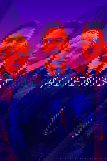 The poster features three characters in a dramatic pose against a moody, purple-lit background. The title "The Alienist" glows in neon blue, suggesting a sci-fi thriller. The atmosphere is tense and mysterious, hinting at an intense mystery and supernatural elements.