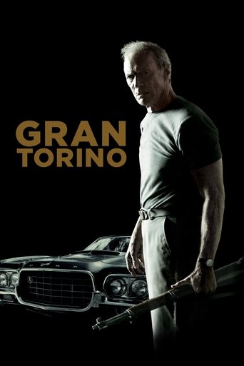 A rugged man stands in shadow against a dark background, holding a shotgun, with the title "Gran Torino" prominently displayed in bold gold letters. The image conveys a gritty, intense mood, emphasizing the film's themes of conflict and resilience.