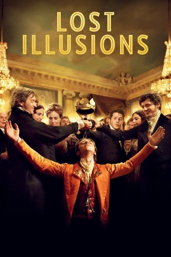 The poster features a group of elegantly dressed characters in a grand, opulent room, with warm golden lighting casting dramatic shadows. The central figure, wearing a striking red coat, stands out against the darker surroundings, suggesting a sense of mystery and intrigue. The title "LOST ILLUSI...