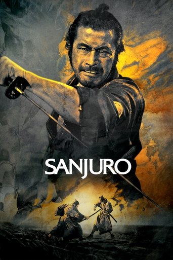 The poster features a powerful warrior with a determined expression, holding a sword against a dramatic sky filled with fiery oranges and deep blues. Below, smaller figures appear to be engaged in combat, emphasizing the action-packed nature of the film. The bold title "SANJURO" anchors the compo...