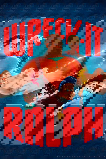 The poster features a vibrant blue background with bold red text spelling "WRECK IT RALPH." Ralph, the muscular character, dominates the center with a confident stance, while his friends—Ralph, Ralph, and Ralph—surround him in cheerful poses. The overall mood is energetic and fun, capturing the p...