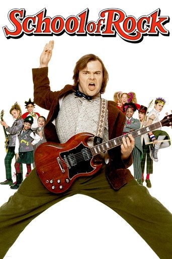 The poster features a central figure in a brown jacket and white shirt playing a red guitar, surrounded by other characters in colorful outfits. The background is white, emphasizing the vibrant colors of the characters and the movie title at the top. The mood is energetic and playful, capturing t...