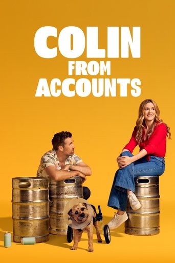 The poster features a cheerful man and woman sitting on metal barrels, with a small dog in the foreground. The bright yellow background and bold white text create a warm, inviting atmosphere. The mood is lighthearted and friendly, suggesting a fun and relatable TV show.