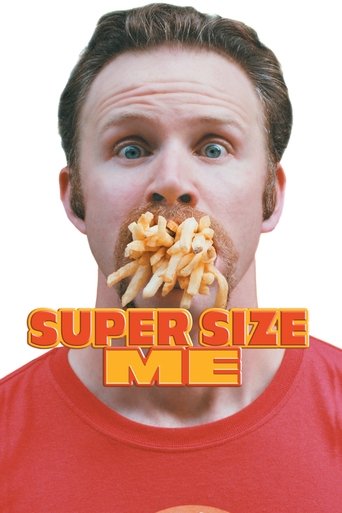 The poster features a man with wide eyes and a mischievous expression, his mouth filled with oversized fries. The bold orange text "SUPER SIZE ME" dominates the lower portion, emphasizing the comedic theme. The vibrant red shirt and bright background enhance the playful and humorous atmosphere.